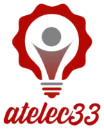 Logo moderne atelec avec ampoule stylisée rouge et gris, électricité et innovation à Bordeaux
