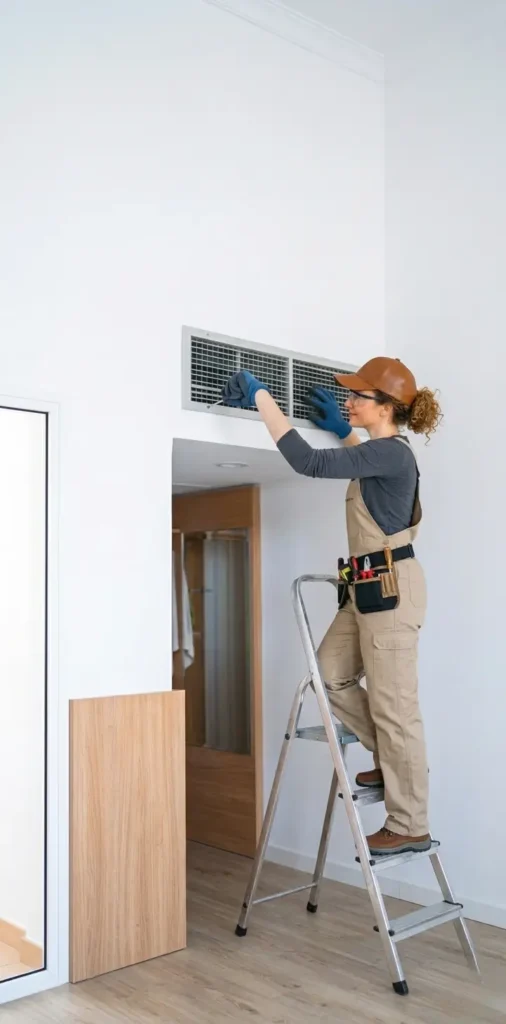 Technicien atelec à Bordeaux réglant une grille de ventilation en hauteur dans une pièce lumineuse